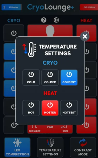 CryoLounge temperature settings screen