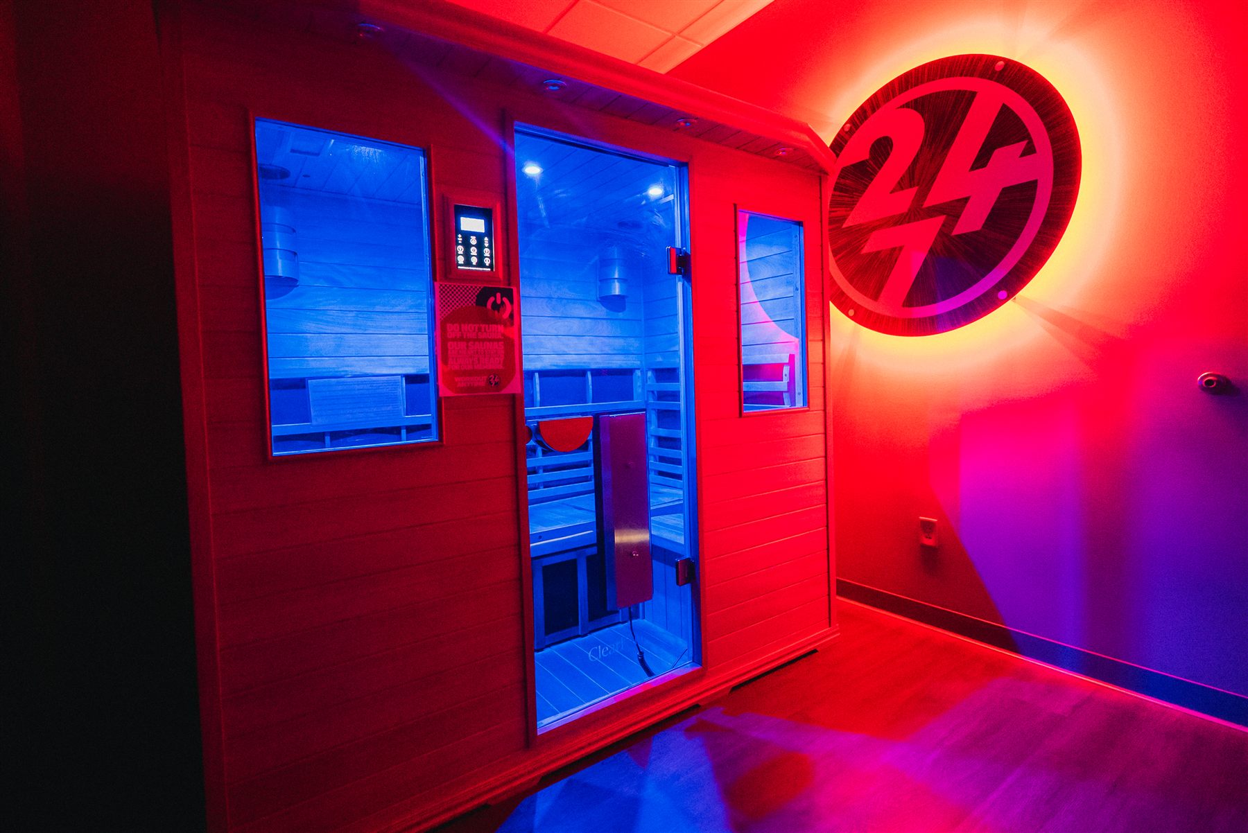 Infrared sauna with red and blue lighting